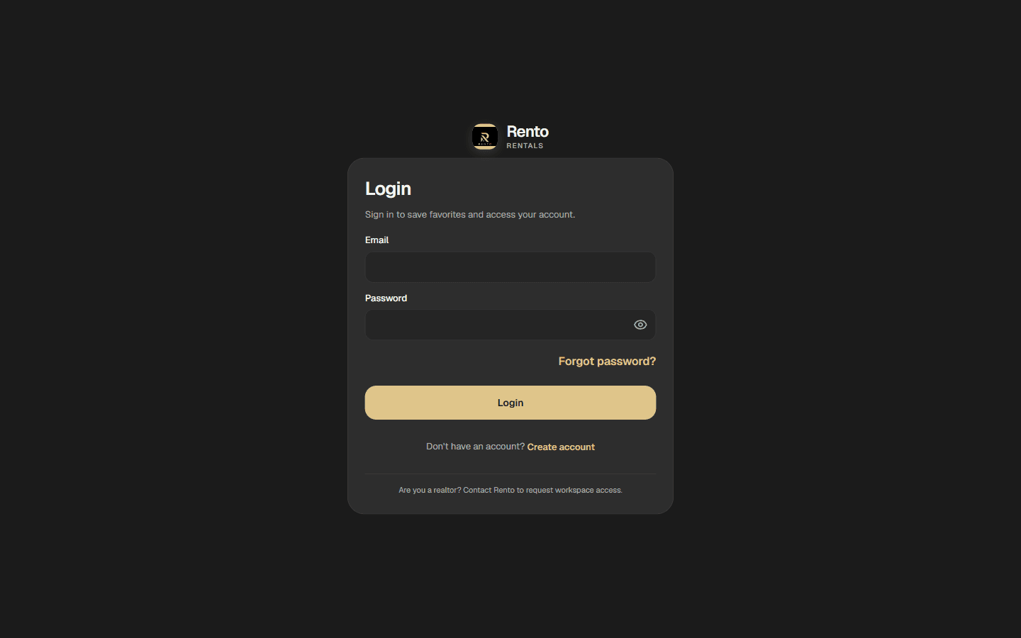 Rento login screen